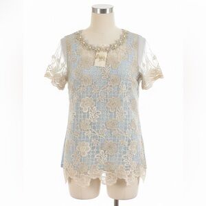 Elegant Lace Overlay Blue Top